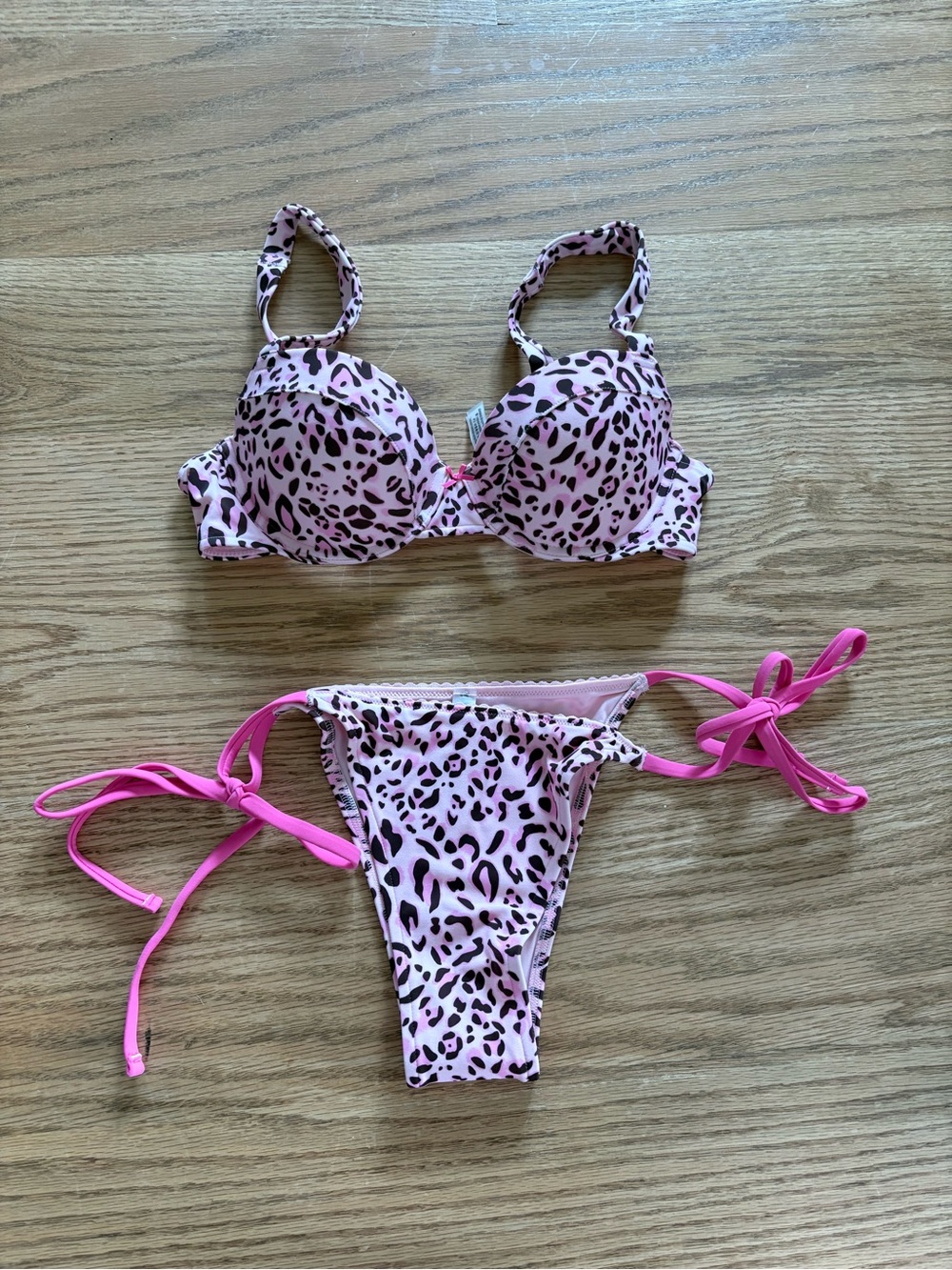 Pink Leopard Print Bikini Set with Hot Pink Ties
